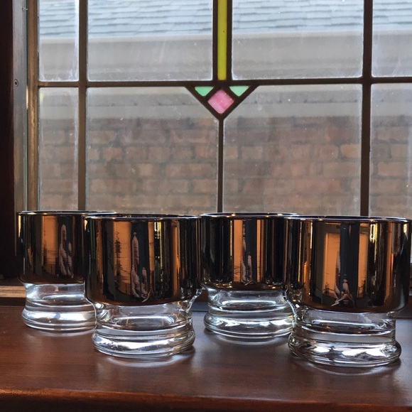 Four MCM Silver Band Footed Bar Tumblers Glasses 1960s